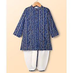 Babyhug Cambric Woven Full Sleeves Kurta Dhoti Set With Bandhani Print - Navy Blue