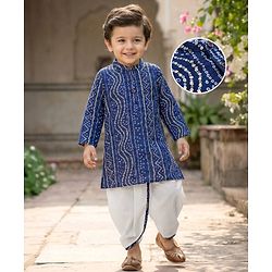 Babyhug Cambric Woven Full Sleeves Kurta Dhoti Set With Bandhani Print - Navy Blue