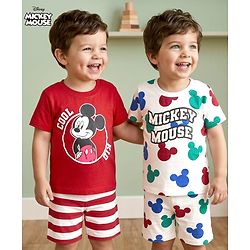Babyhug Disney 100% Cotton Knit Half Sleeves T-Shirt & Shorts Night Suits With Micky Mouse Graphic Pack Of 2 - Multicolour