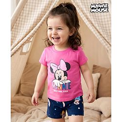 Babyhug Disney Single Jersey Knit Half Sleeves Shorts Night Suit With Minnie Mouse Graphics - Pink