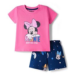 Babyhug Disney Single Jersey Knit Half Sleeves Shorts Night Suit With Minnie Mouse Graphics - Pink