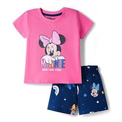 Babyhug Disney Single Jersey Knit Half Sleeves Shorts Night Suit With Minnie Mouse Graphics - Pink