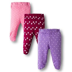 Babyhug Cotton Knit Full Length Bootie Leggings With Floral Print Pack Of 3 - Pink Maroon & Purple