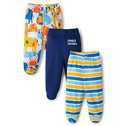Babyhug Cotton Knit Bootie Leggings with Jungle Theme Print & Stripes Pack of 3 - Multicolor