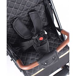 Babyhug Portable Baby Stroller with One-hand Compact Fold - Black| Pram for Newborn| Concealed Linked Brake| Swivel Wheels| 5 Point Harness| Trolley Handle| Air Cabin Friendly| Shock Absorbent Wheels