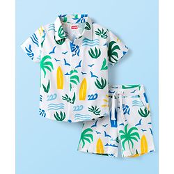 Babyhug Single Jersey Knit Half Sleeves Co-ords Shirt & Shorts Set with Beach Theme Print - Multicolor