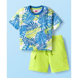Babyhug Single Jersey Knit Half Sleeves T-Shirt & Shorts Set with Leaf Print - Light Green