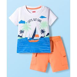 Babyhug Single Jersey Knit Half Sleeves T-Shirt & Shorts Set with Beach Theme Print - Orange