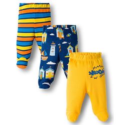 Babyhug Cotton Knit Full Length Bootie Leggings With Nautical Theme Print Pack Of 3 - Yellow & Navy Blue