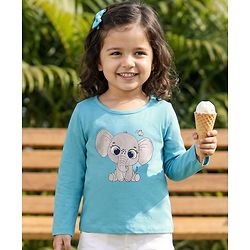 Babyhug 100% Cotton Knit Full Sleeves Elephant Printed T-Shirt - Light Blue