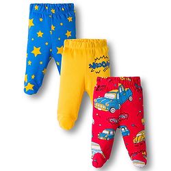 Babyhug Cotton Knit Full Length Bootie Leggings With Vehicle Print Pack Of 3 - Yellow Blue & Red