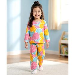 Babyhug Cotton Knit Full Sleeves Co-ords Night Suit With Orange Print - Multicolour