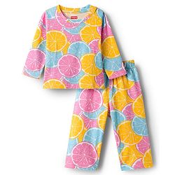 Babyhug Cotton Knit Full Sleeves Co-ords Night Suit With Orange Print - Multicolour