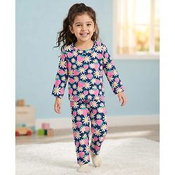 Babyhug Cotton Knit Full Sleeves Co-ords Night Suit With Floral Print - Navy Blue