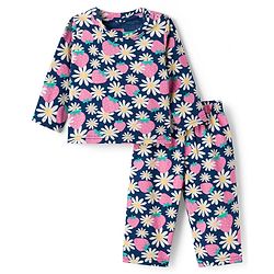 Babyhug Cotton Knit Full Sleeves Co-ords Night Suit With Floral Print - Navy Blue