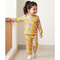Babyhug Cotton Knit Half Sleeves Co-ords Night Suit With Tropical Theme Print - Yellow