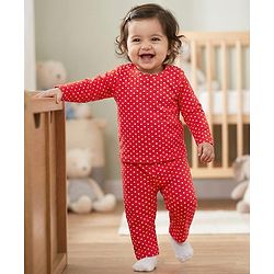 Babyhug Cotton Knit Full Sleeves Co-ords  Night Suit With Polka Dot Print - Red