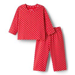 Babyhug Cotton Knit Full Sleeves Co-ords  Night Suit With Polka Dot Print - Red