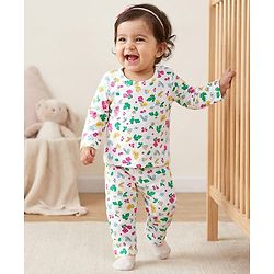 Babyhug Cotton Knit Full Sleeves Co-ords Night Suit With Floral Print - White