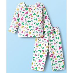 Babyhug Cotton Knit Full Sleeves Co-ords Night Suit With Floral Print - White