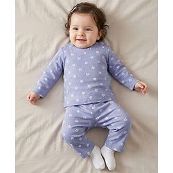 Babyhug Cotton Knit Full Sleeves Co-ords Night Suit With Floral Print - Lavender