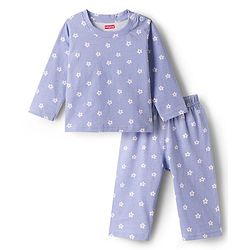 Babyhug Cotton Knit Full Sleeves Co-ords Night Suit With Floral Print - Lavender