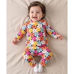 Babyhug Cotton Knit Full Sleeves Co-ords Night Suit With Floral Print - Multicolour