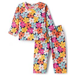 Babyhug Cotton Knit Full Sleeves Co-ords Night Suit With Floral Print - Multicolour