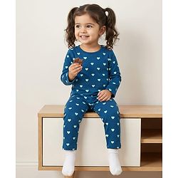 Babyhug Cotton Knit Full Sleeves T-Shirt & Pyjama Co-ord Night Suit With Heart Print - Blue