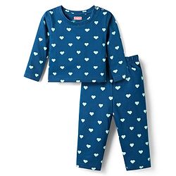 Babyhug Cotton Knit Full Sleeves T-Shirt & Pyjama Co-ord Night Suit With Heart Print - Blue