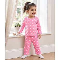 Babyhug Cotton Knit Full Sleeves T-Shirt & Pyjama Co-ord Night Suit With Polka Dot Print - Pink