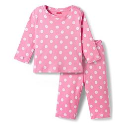 Babyhug Cotton Knit Full Sleeves T-Shirt & Pyjama Co-ord Night Suit With Polka Dot Print - Pink