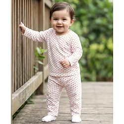 Babyhug Cotton Knit Full Sleeves T-Shirt & Pyjama Co-ord Night Suit With Polka Dot Print - White