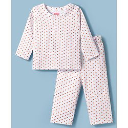 Babyhug Cotton Knit Full Sleeves T-Shirt & Pyjama Co-ord Night Suit With Polka Dot Print - White