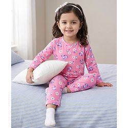 Babyhug Cotton Knit Full Sleeves T-Shirt & Pyjama Co-ord Night Suit With Floral Print - Pink
