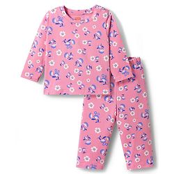 Babyhug Cotton Knit Full Sleeves T-Shirt & Pyjama Co-ord Night Suit With Floral Print - Pink