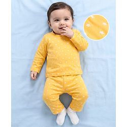 Babyhug Cotton Knit Full Sleeves T-Shirt & Pyjama Co-ord Night Suit With Star Print - Yellow