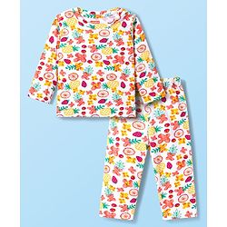 Babyhug Cotton Knit Full Sleeves T-Shirt & Pyjama Co-ord Night Suit With Floral & Fruit Print - White