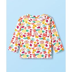 Babyhug Cotton Knit Full Sleeves T-Shirt & Pyjama Co-ord Night Suit With Floral & Fruit Print - White