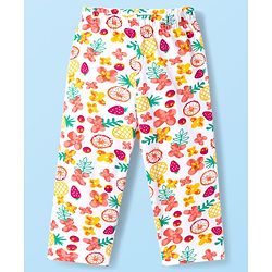 Babyhug Cotton Knit Full Sleeves T-Shirt & Pyjama Co-ord Night Suit With Floral & Fruit Print - White