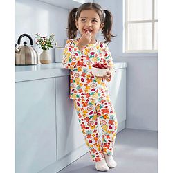Babyhug Cotton Knit Full Sleeves T-Shirt & Pyjama Co-ord Night Suit With Floral & Fruit Print - White
