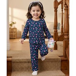 Babyhug Cotton Knit Full Sleeves T-Shirt & Pyjama Co-ord Night Suit With Floral Print - Navy Blue