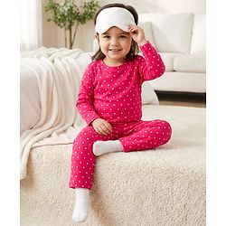 Babyhug Cotton Knit Full Sleeves T-Shirt & Pyjama Co-ord Night Suit With Polka Dot Print - Red