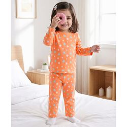 Babyhug Cotton Knit Full Sleeves T-Shirt & Pyjama Co-ord Night Suit With Star Print - Orange