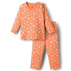 Babyhug Cotton Knit Full Sleeves T-Shirt & Pyjama Co-ord Night Suit With Star Print - Orange