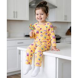 Babyhug Cotton Knit Full Sleeves T-Shirt & Pyjama Co-ord Night Suit With Floral & Rainbow Print - Yellow