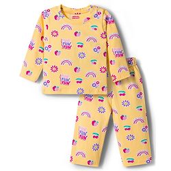 Babyhug Cotton Knit Full Sleeves T-Shirt & Pyjama Co-ord Night Suit With Floral & Rainbow Print - Yellow