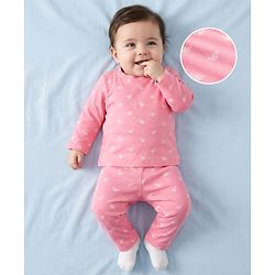 Babyhug Cotton Knit Full Sleeves T-Shirt & Pyjama Co-ord Night Suit With Butterfly Print - Pink