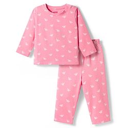 Babyhug Cotton Knit Full Sleeves T-Shirt & Pyjama Co-ord Night Suit With Butterfly Print - Pink