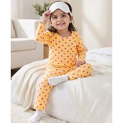 Babyhug Cotton Knit Full Sleeves T-Shirt & Pyjama Co-ord Night Suit With Heart Print - Yellow